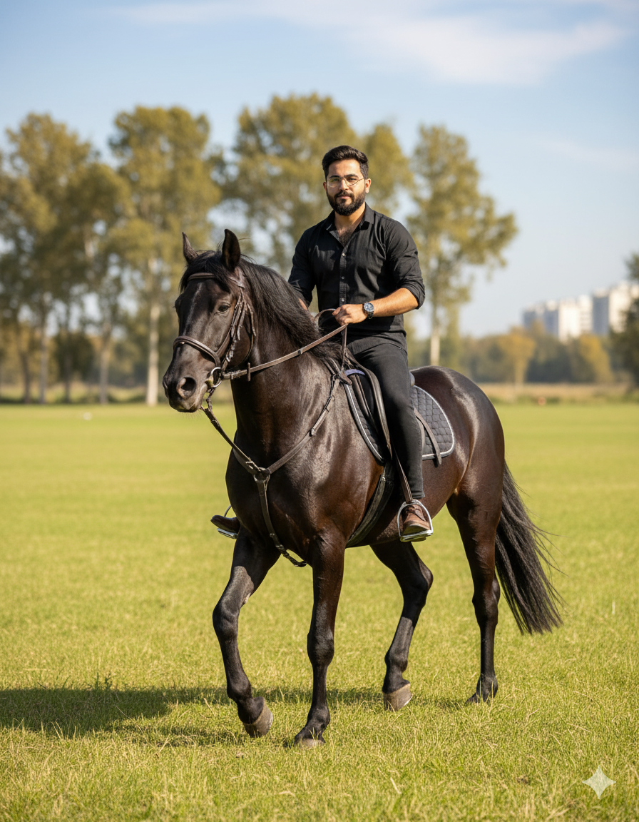 A man in a black shirt riding a majestic black horse in a green field under warm golden sunlight, with city buildings in the background.