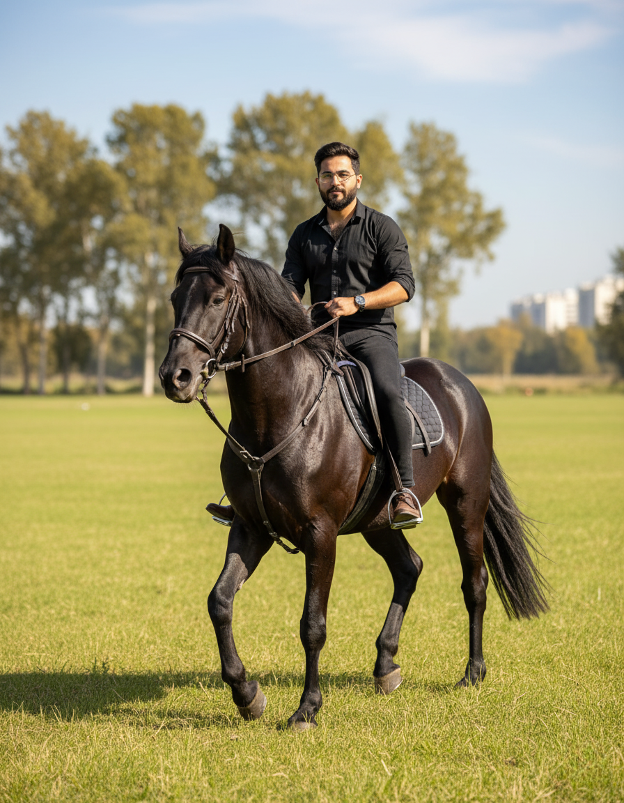 A man in a black shirt riding a majestic black horse in a green field under warm golden sunlight, with city buildings in the background.