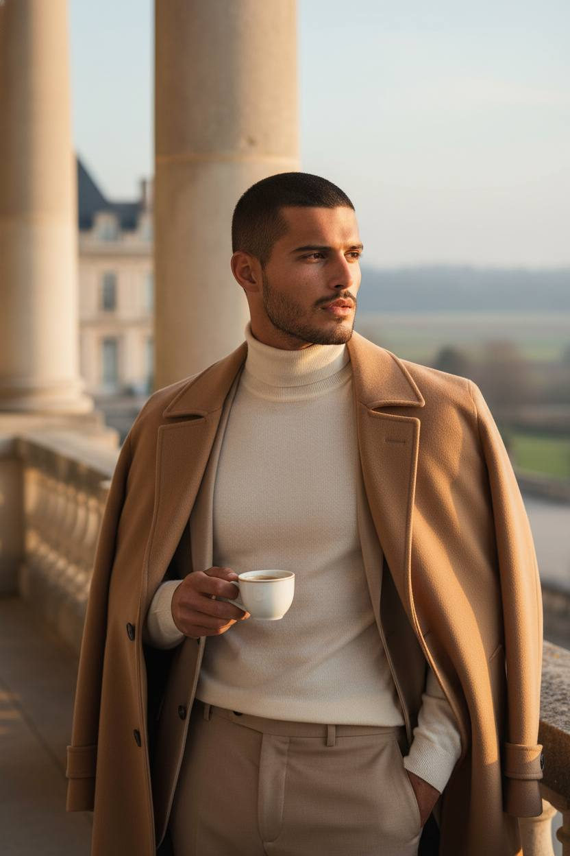 Man in a cream cashmere turtleneck and beige trousers stands on a palace terrace during dawn, holding an espresso cup.