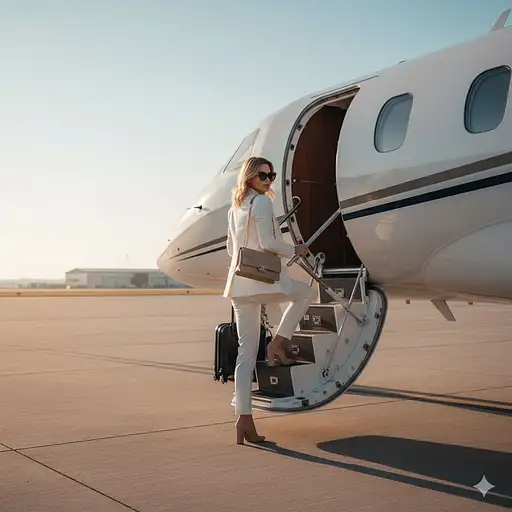 Ultra-realistic Photo Elegant Woman Boarding Private Jet Luxury Travel Outfit