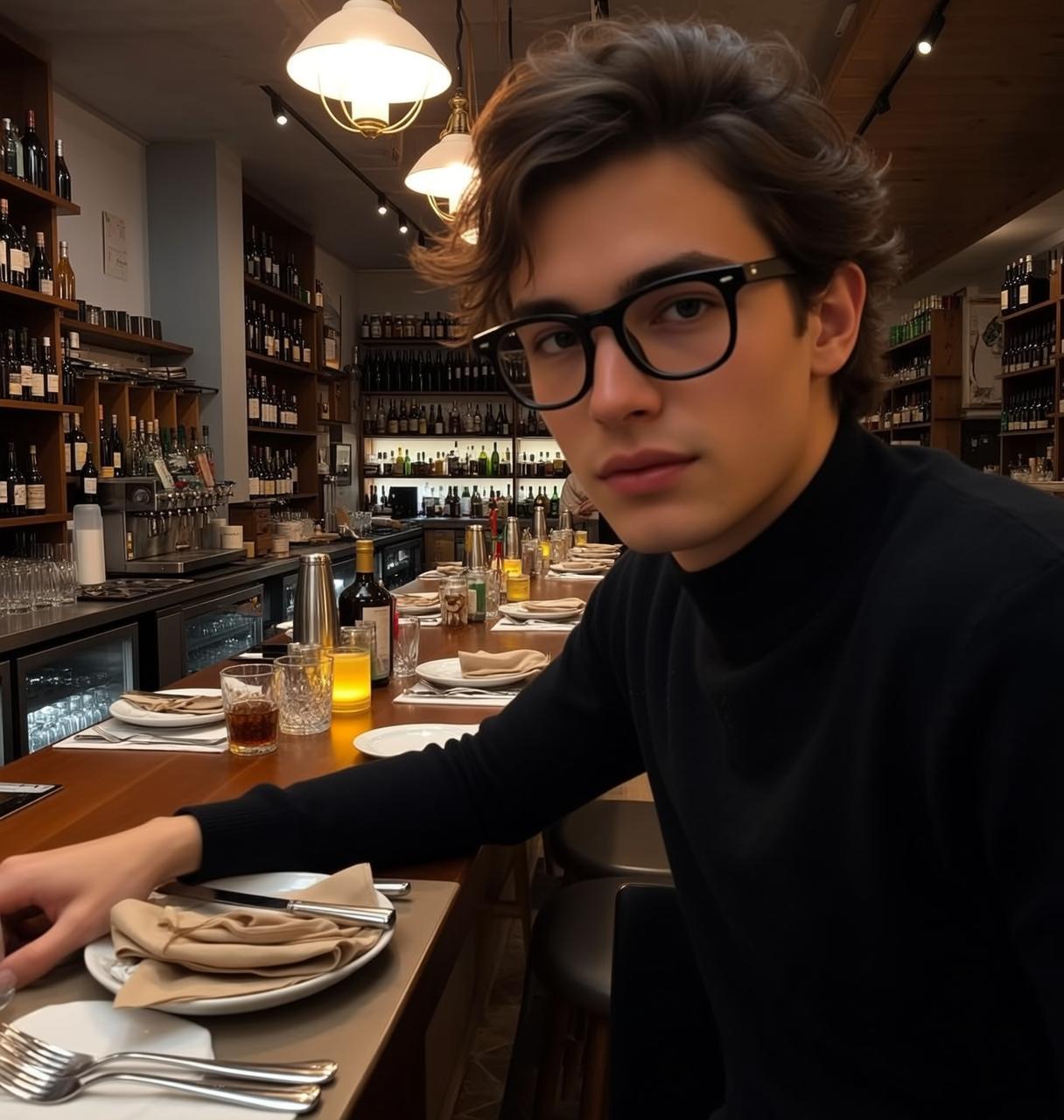Explore Young Seated Bar Restaurant Leaning Forward