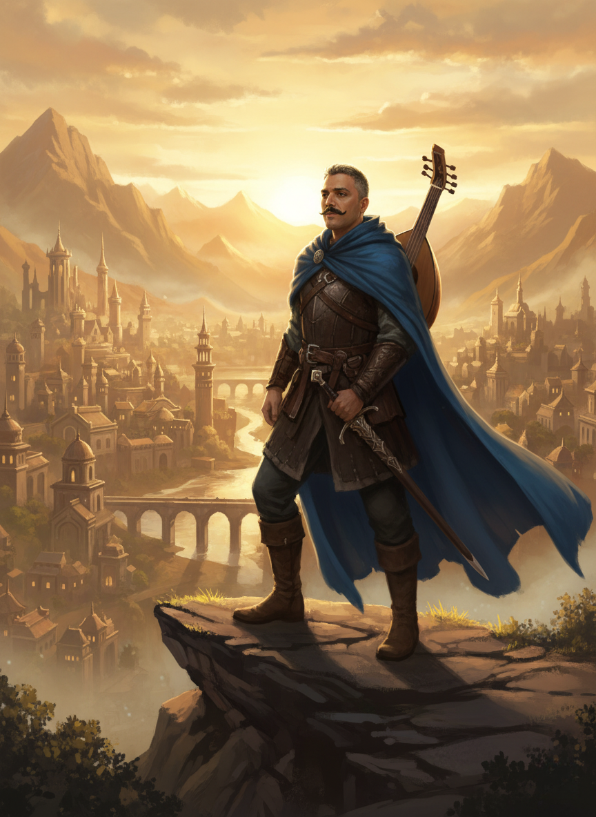 Heroic traveler in a flowing cloak overlooking a golden city at sunset, holding a sword and lute, with mountains in the soft background.