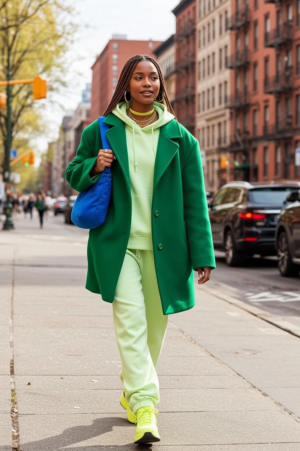 Green Hoodie City Street Walk Gold Jewelry