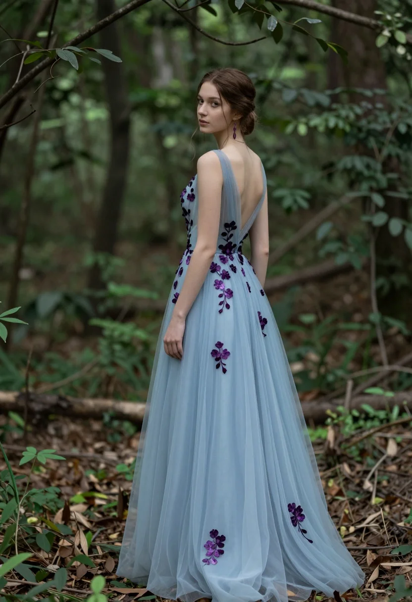 A young woman stands gracefully in a lush forest, wearing an elegant light blue evening gown with dark purple floral details.