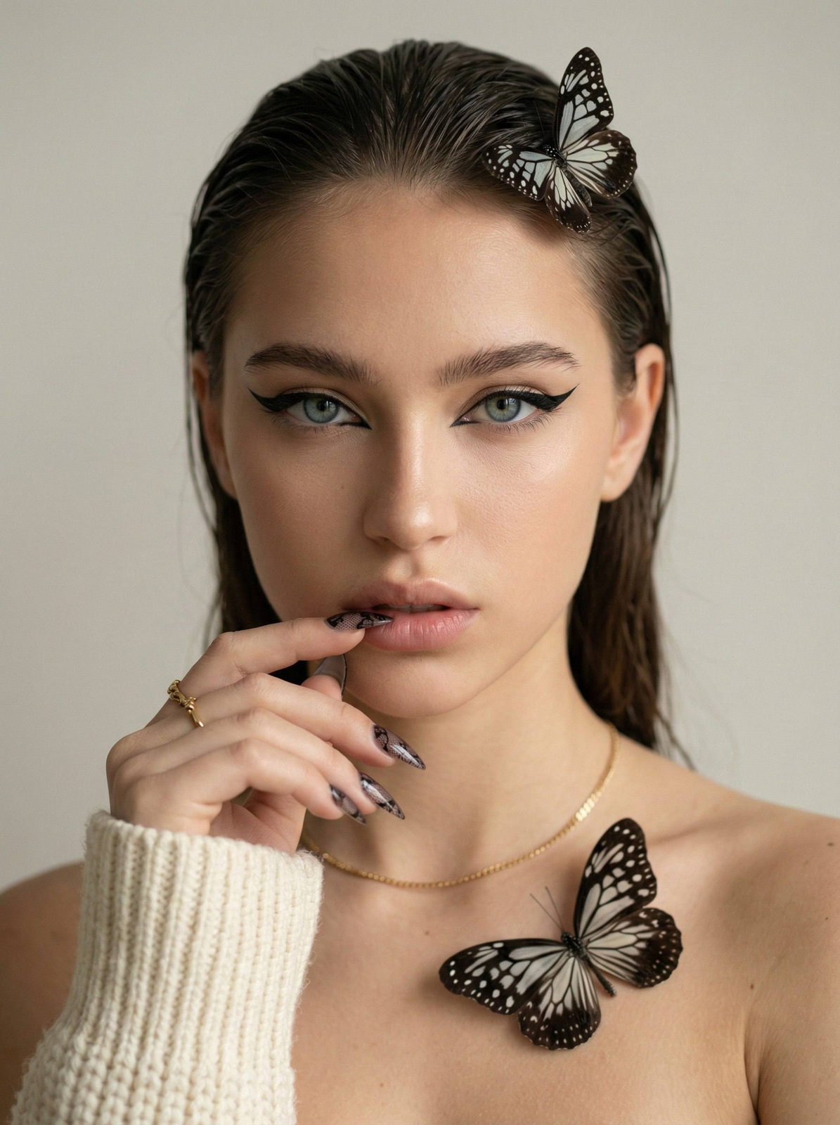 Close-up portrait of a woman with stiletto black lace nails, bold eyeliner, and a butterfly in her hair.