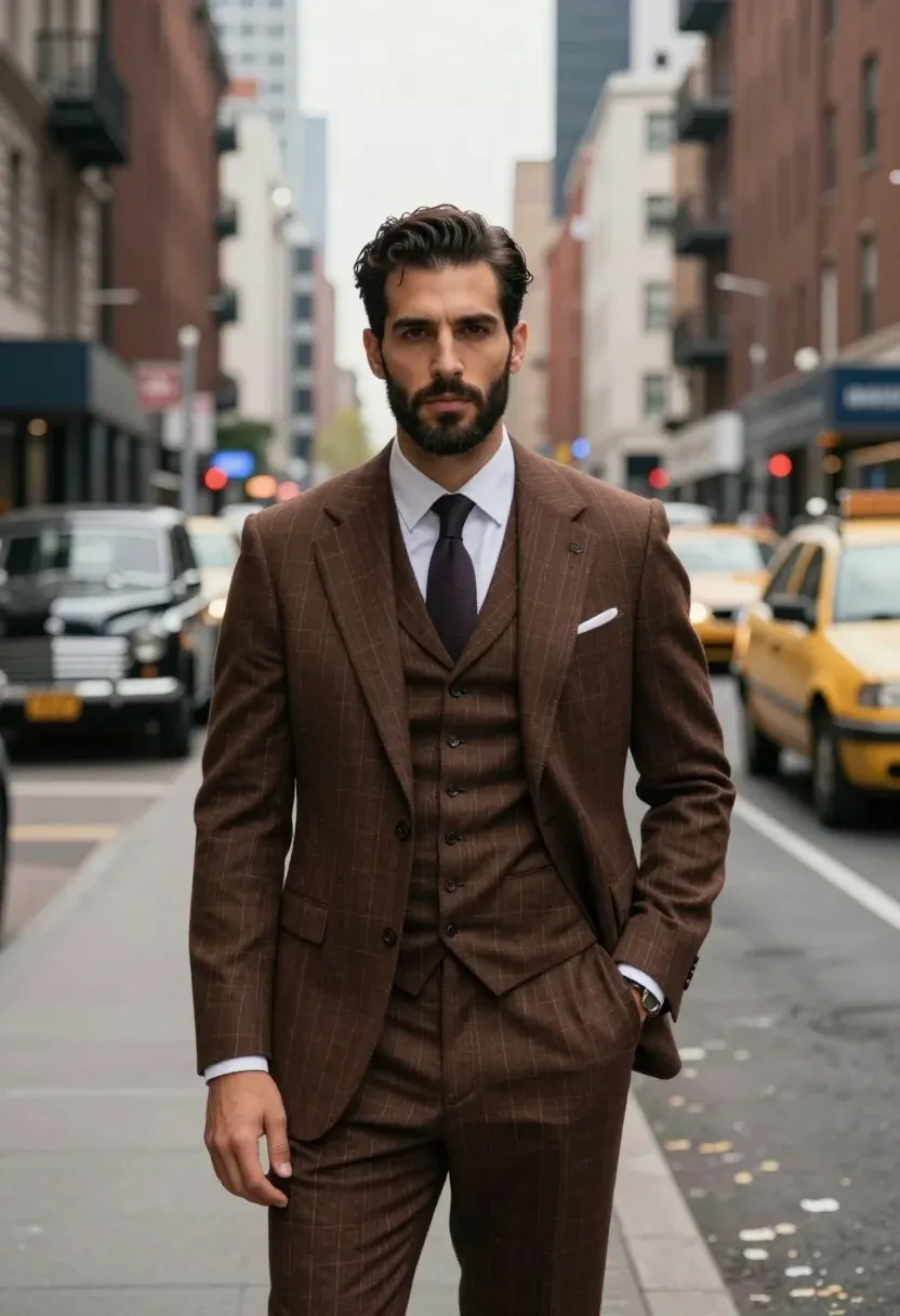 Confident Man With Dark Hair And Beard Stands The Middle