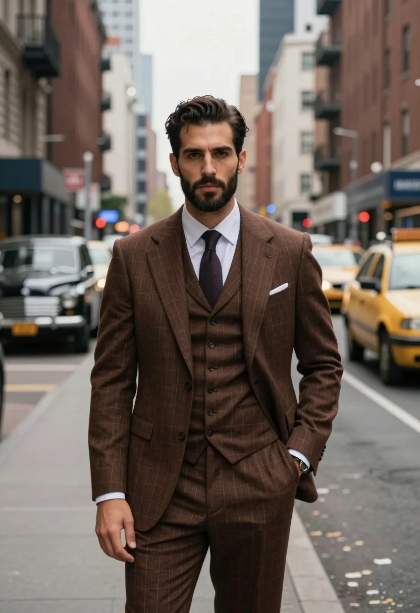 Confident Man With Dark Hair And Beard Stands The Middle