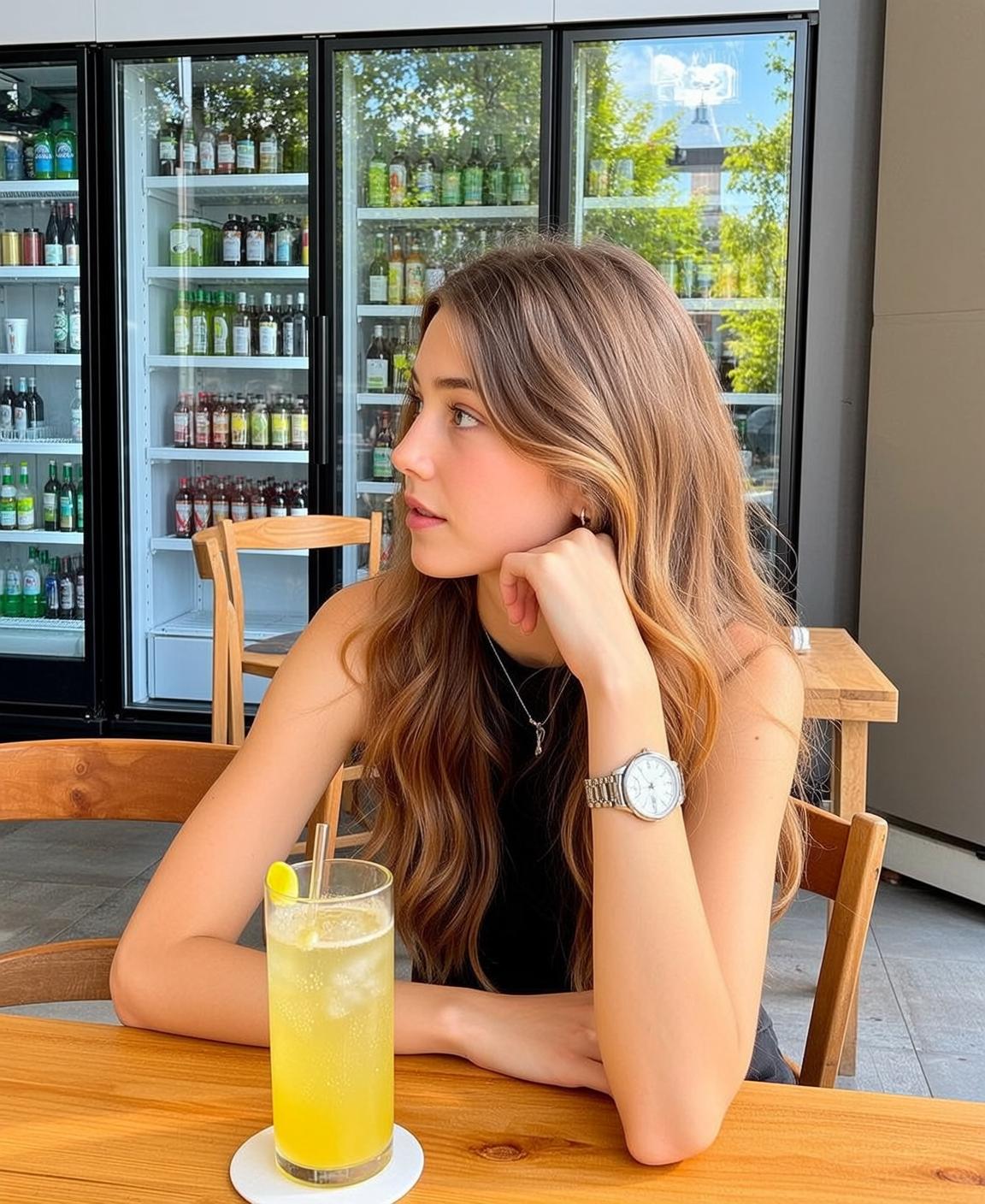 Wooden Table Thoughtful Pose