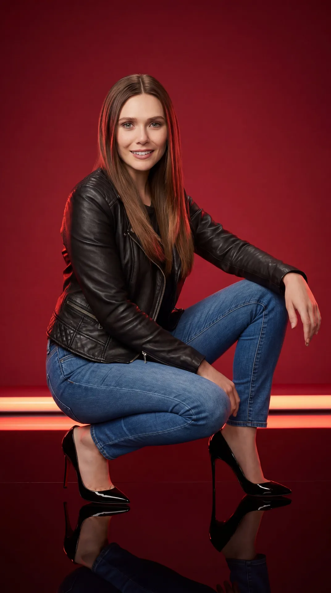 Crouching On Red Floor Black Moto Jacket