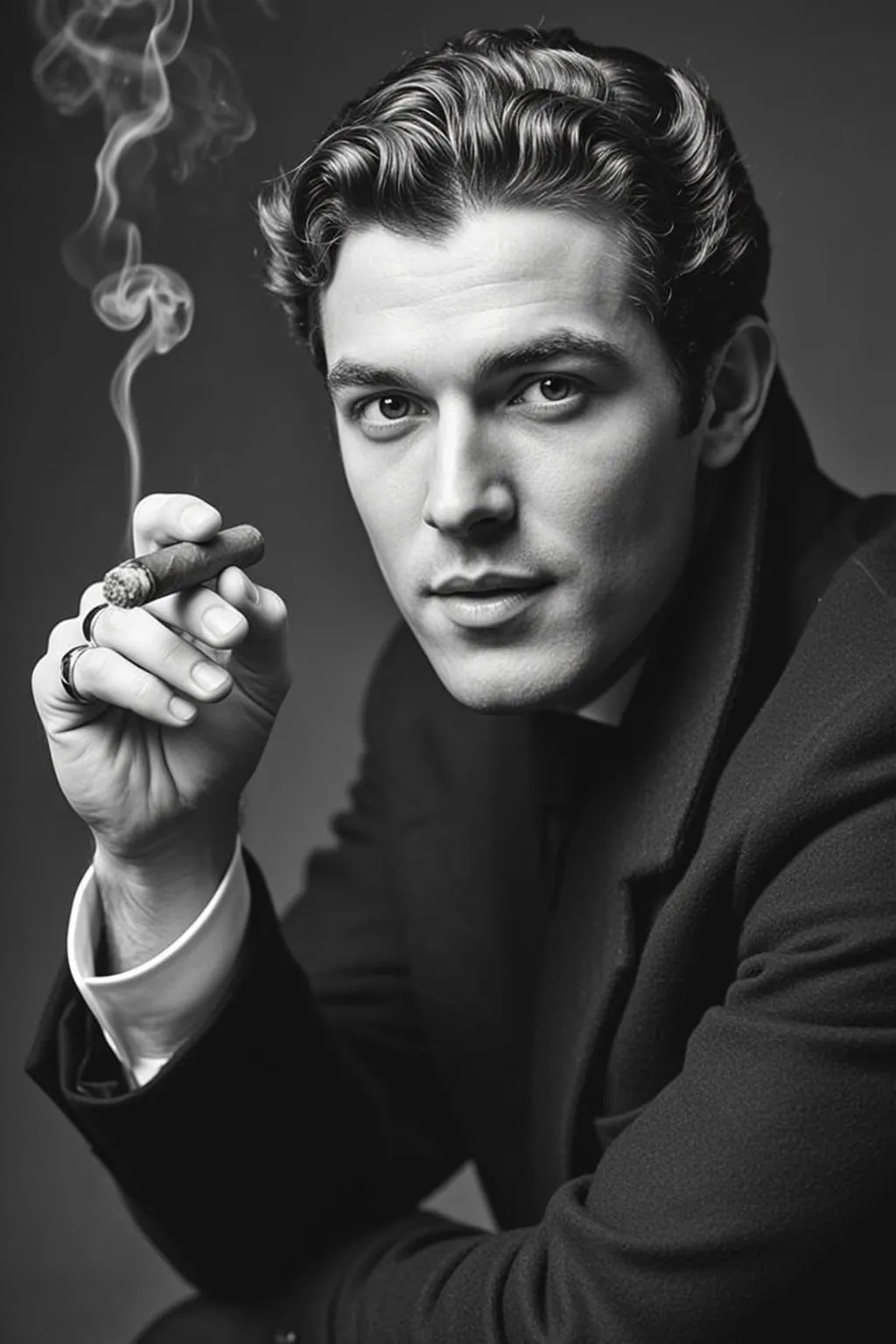 Photorealistic Black And White Portrait Shows Man With Dark Wavy