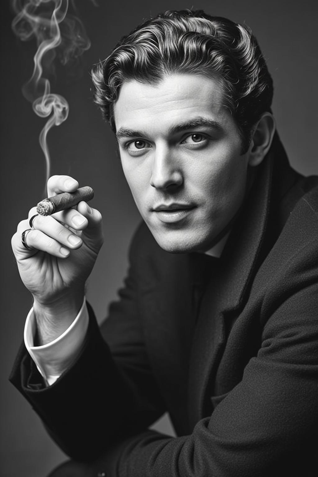 Photorealistic Black And White Portrait Shows Man With Dark Wavy