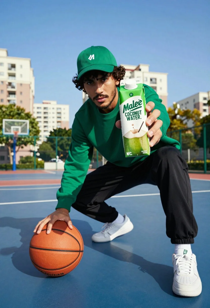 Young Man Athletic Wear Crouches Blue Outdoor Basketball Court Under