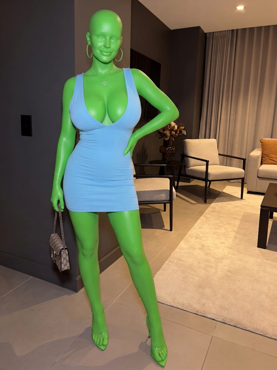 Template for Blue Mini Dress With Green Heels Indoors