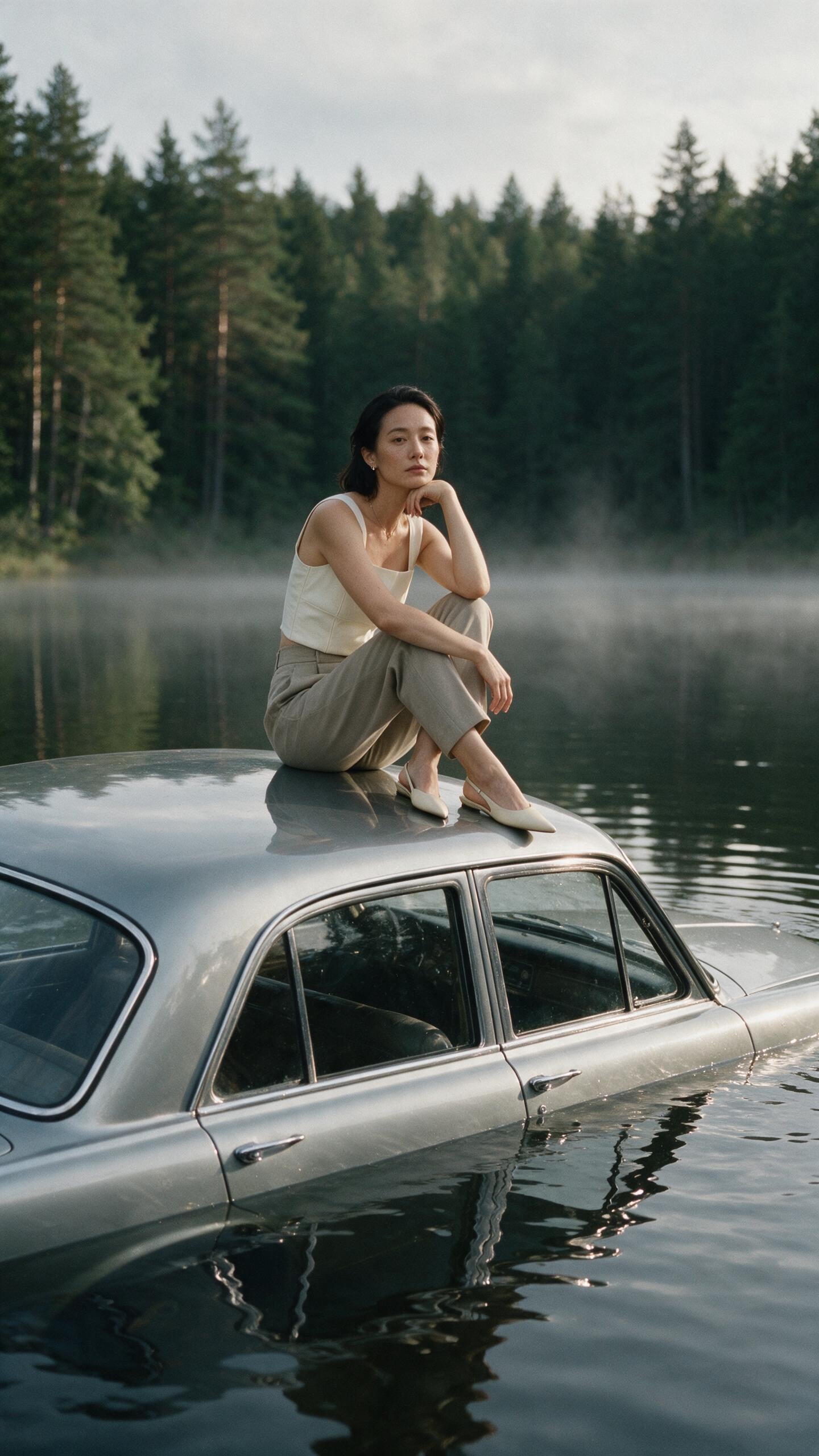 Submerged Vintage Car In Forest Lake