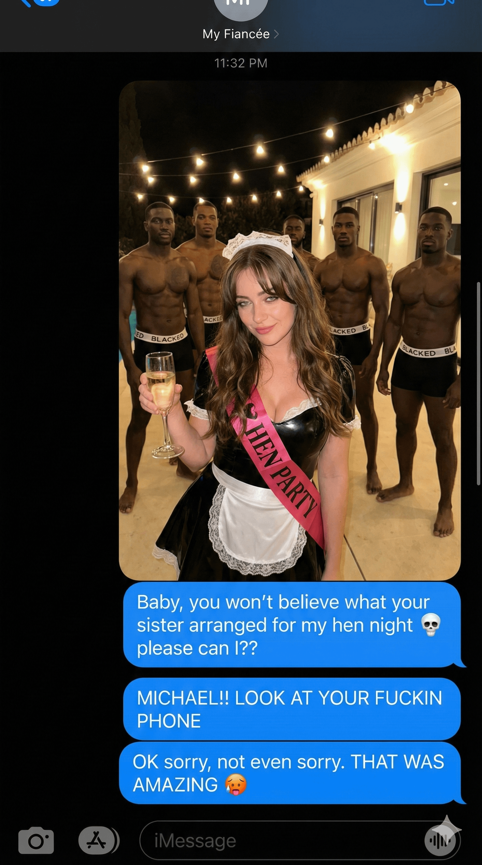 A woman in a black latex maid costume with a pink 'HEN PARTY' sash, playfully holding a champagne flute on a beautifully lit patio.