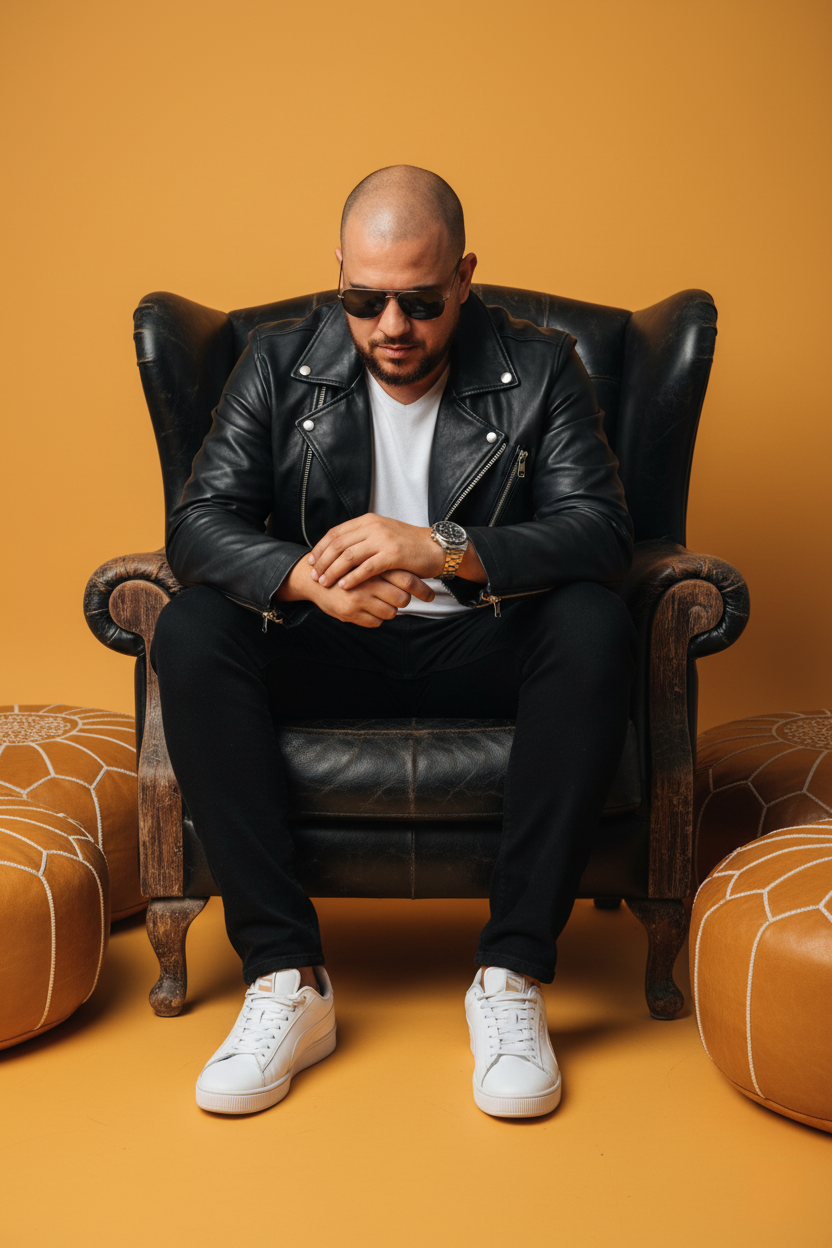 A man in a black leather jacket sits pensively in an antique leather armchair, with a yellow amber background.