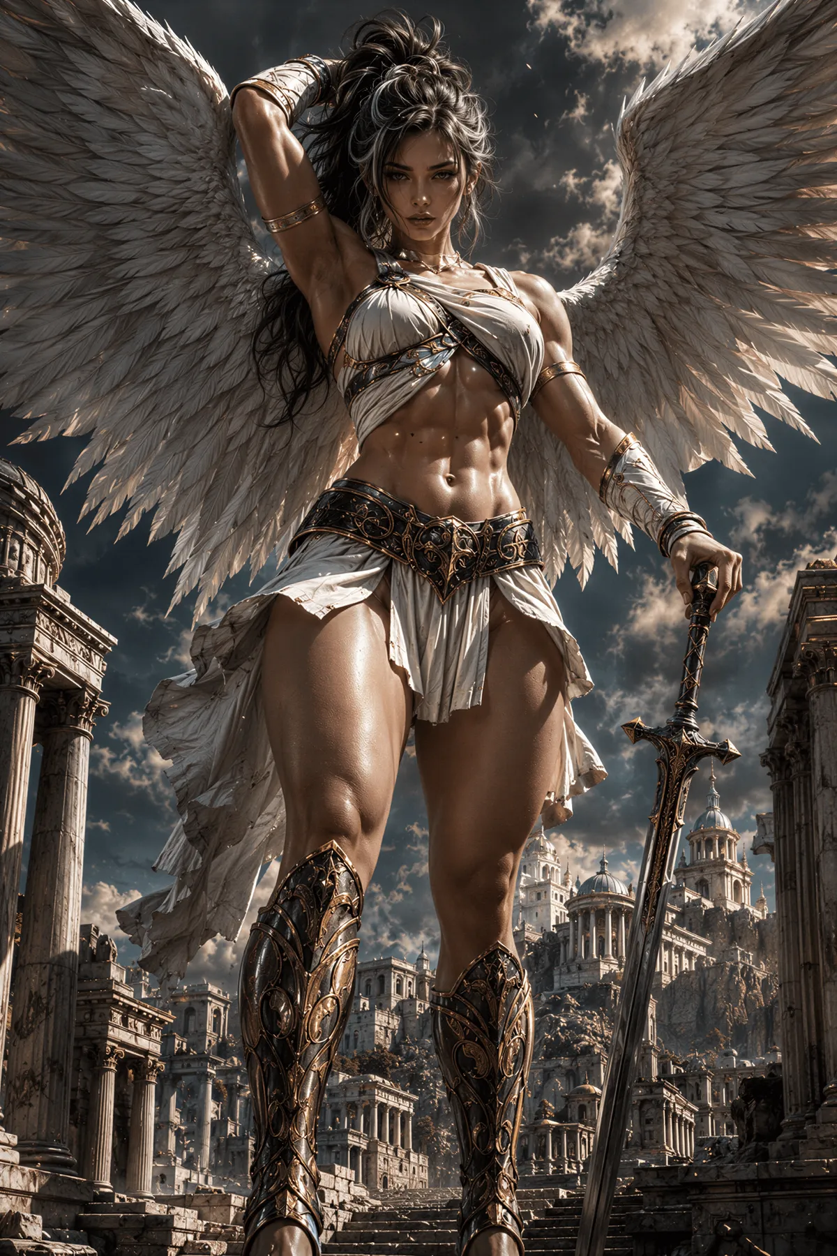 Winged Warrior Ancient City Ruins Stormy Sky