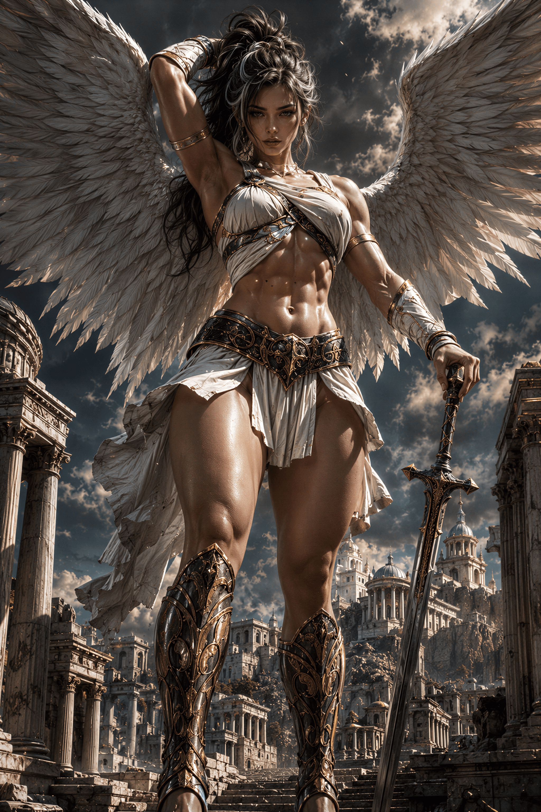Winged Warrior Ancient City Ruins Stormy Sky