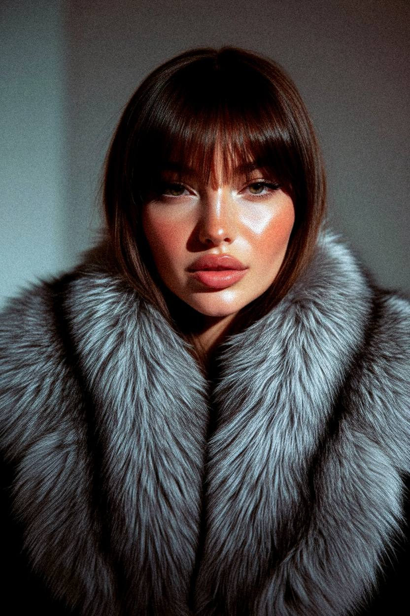Hyper-realistic close-up portrait of a woman in a silver fox fur collar, showcasing her sensual gaze with dramatic lighting.