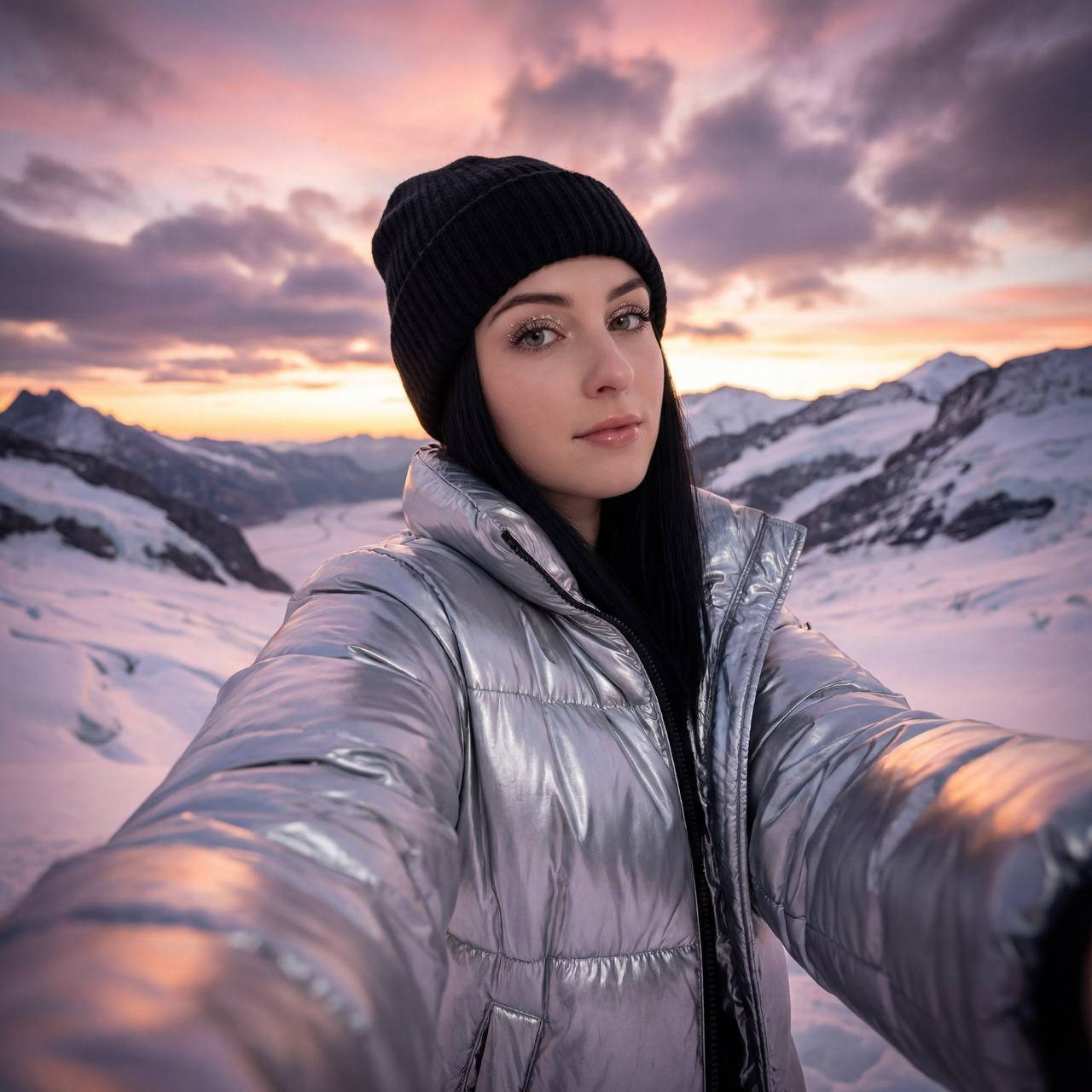 A realistic winter selfie featuring a person in a voluminous silver puffer jacket, with a backdrop of snowy mountains and a vibrant sunset sky.