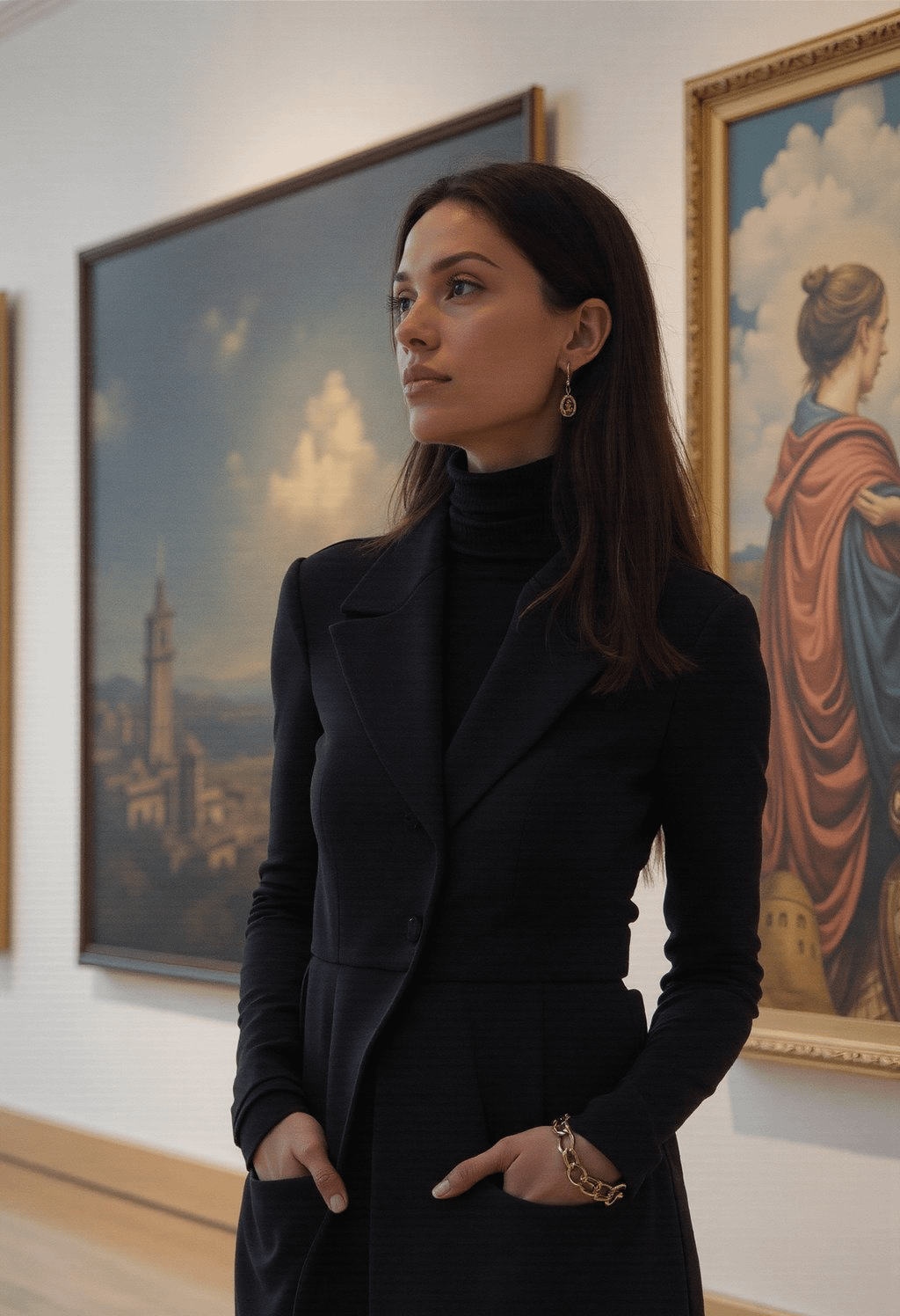 Medium shot of a person in a black blazer with a neutral expression standing between two large paintings in an art gallery.