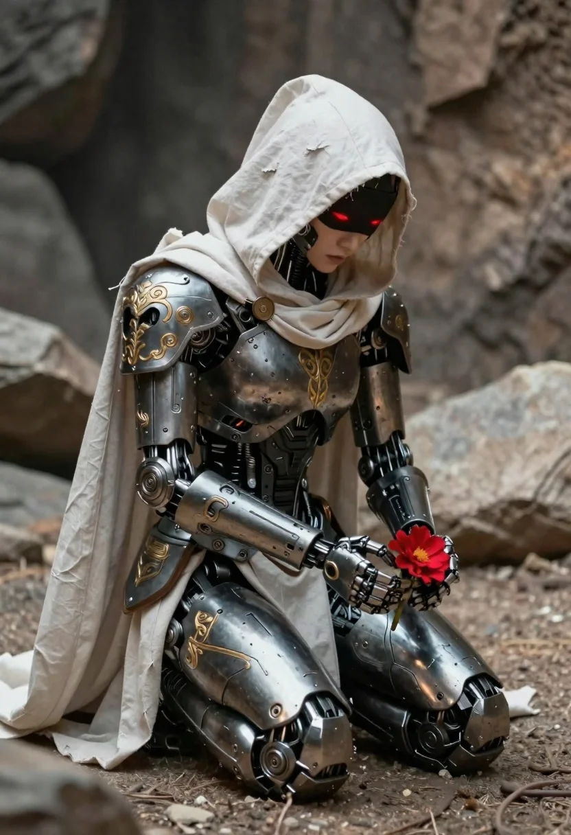 Subject Robotic Warrior Kneeling Position With Exposed Mechanical Joints And reference photo