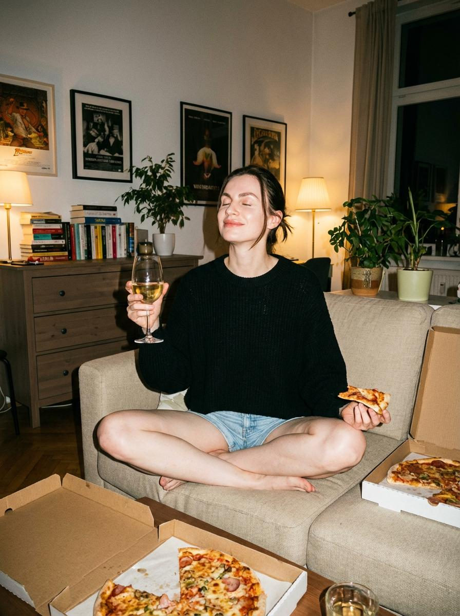 A woman sitting cross-legged on a beige sofa, holding a glass of wine and a slice of pizza, surrounded by open pizza boxes.