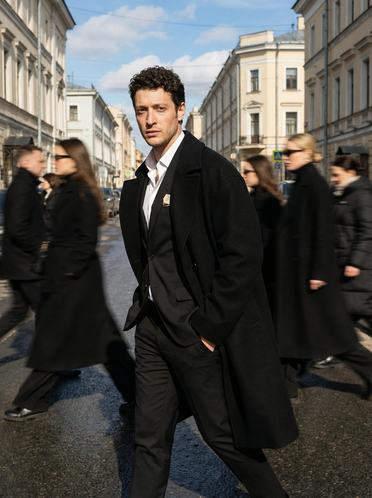 A man in a fitted black suit stands confidently on a bustling city street, surrounded by a blur of motion, showcasing an urban vibe.