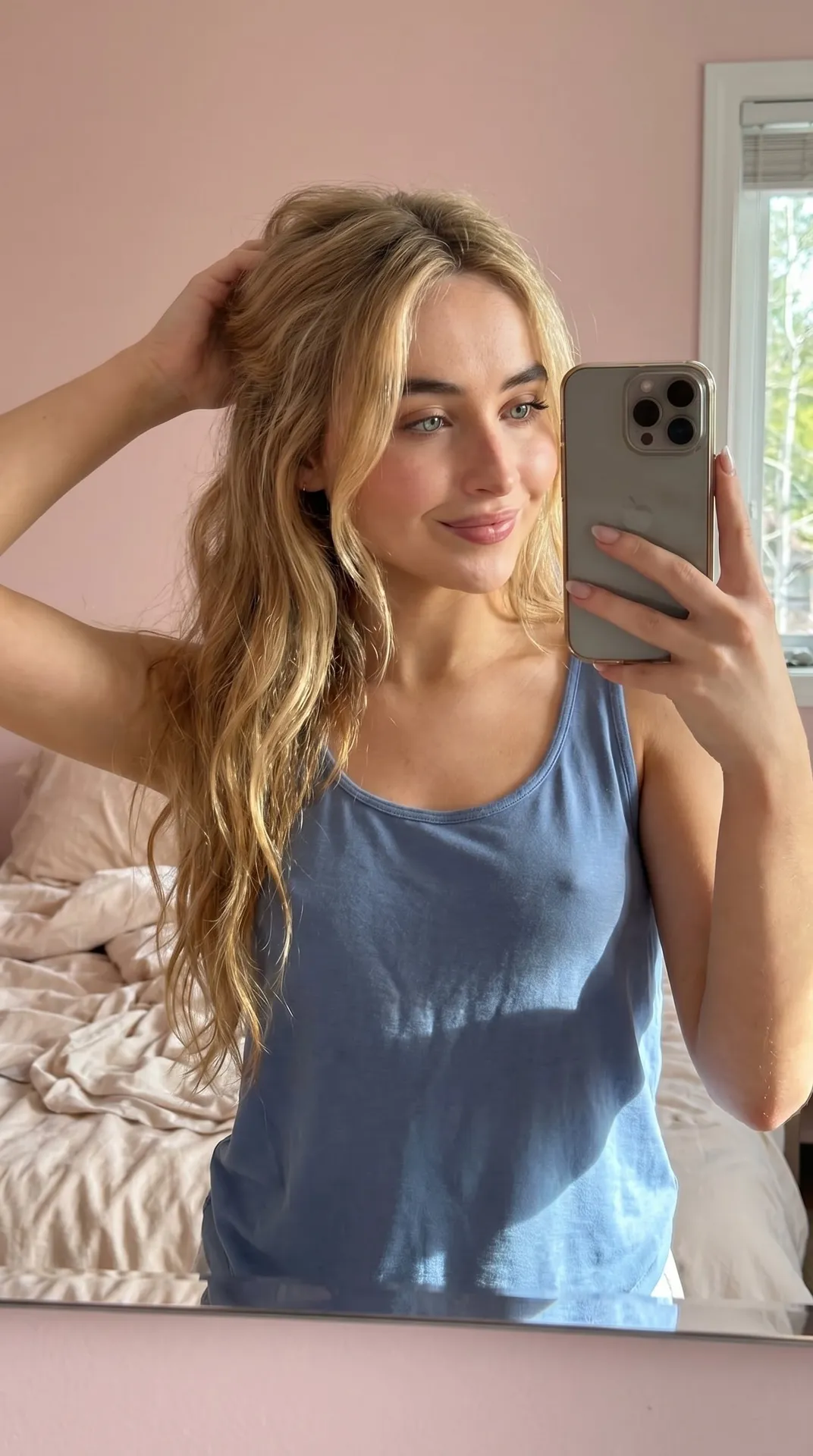 Sunlit Bedroom Woman Touching Hair Tank Top