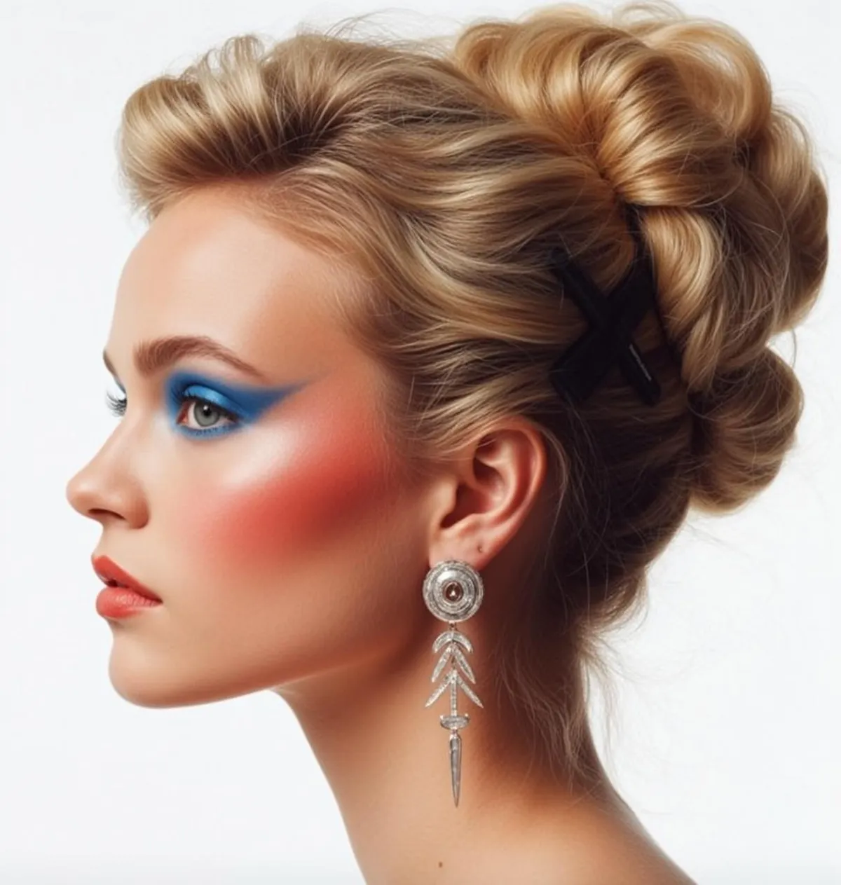 Blonde Updo Striking Makeup Silver Earring Profile