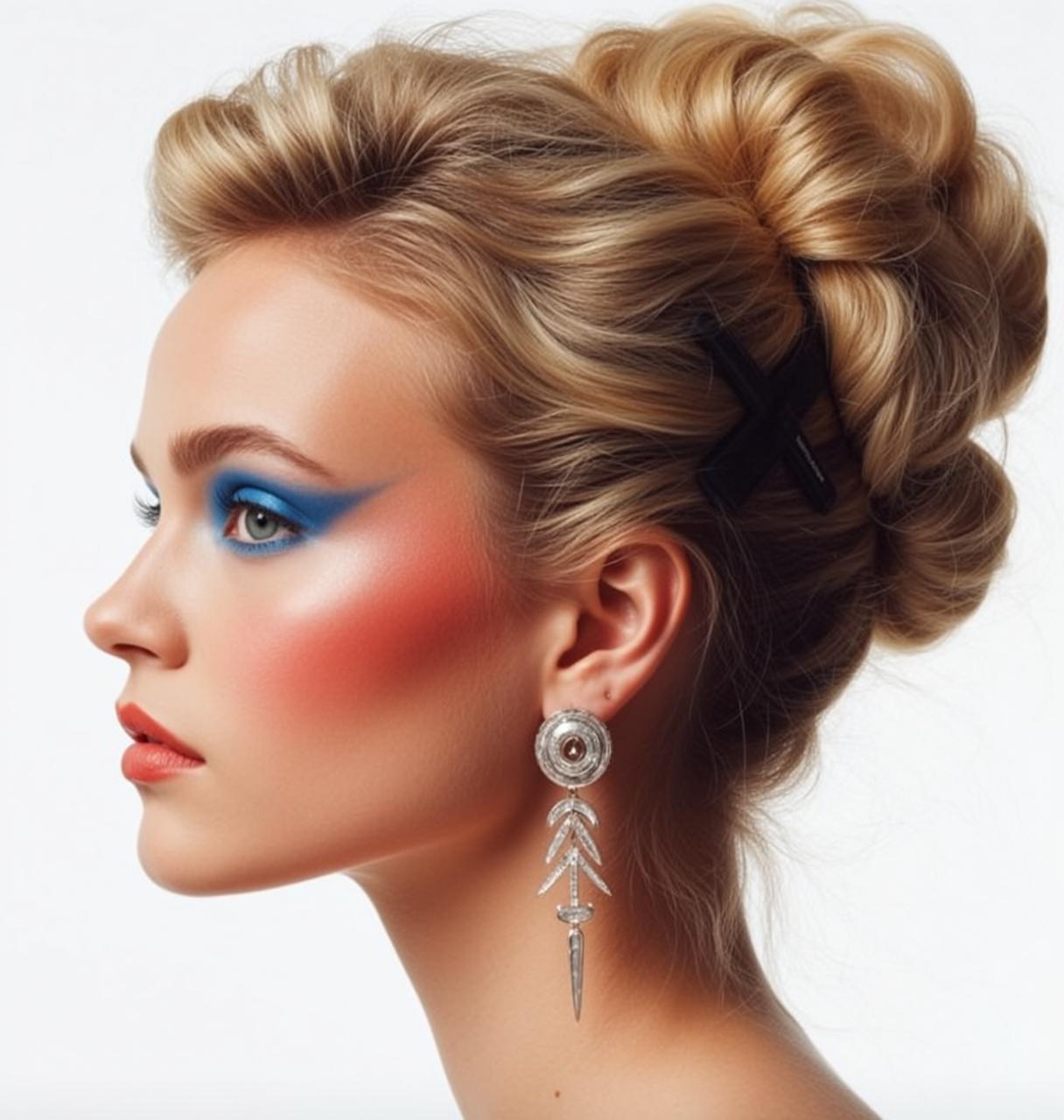 Blonde Updo Striking Makeup Silver Earring Profile