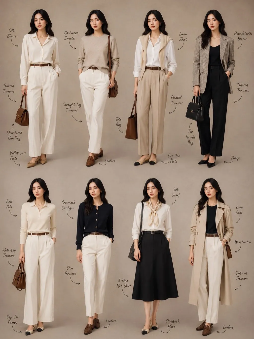 Eight Women Professional Outfits Grid Formation Soft Lighting