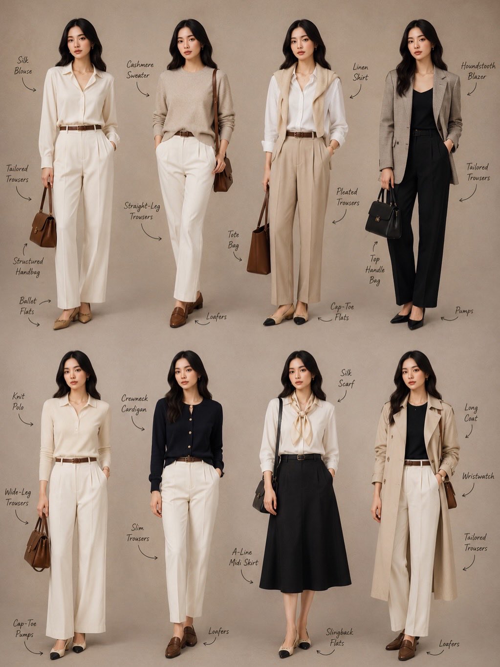 Eight Women Professional Outfits Grid Formation Soft Lighting