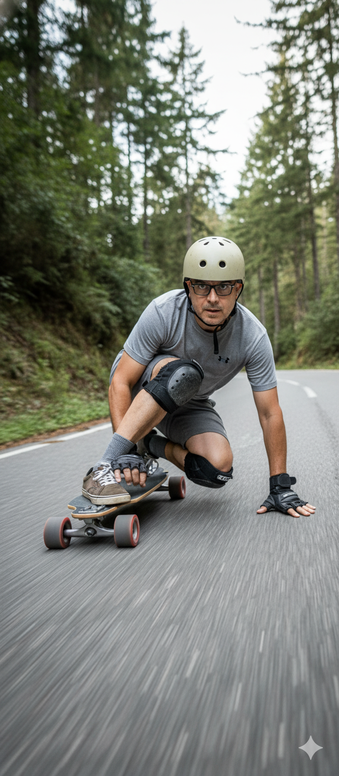 Patinador en acción en carretera, con casco claro, concentrado y elegante sobre su patineta.