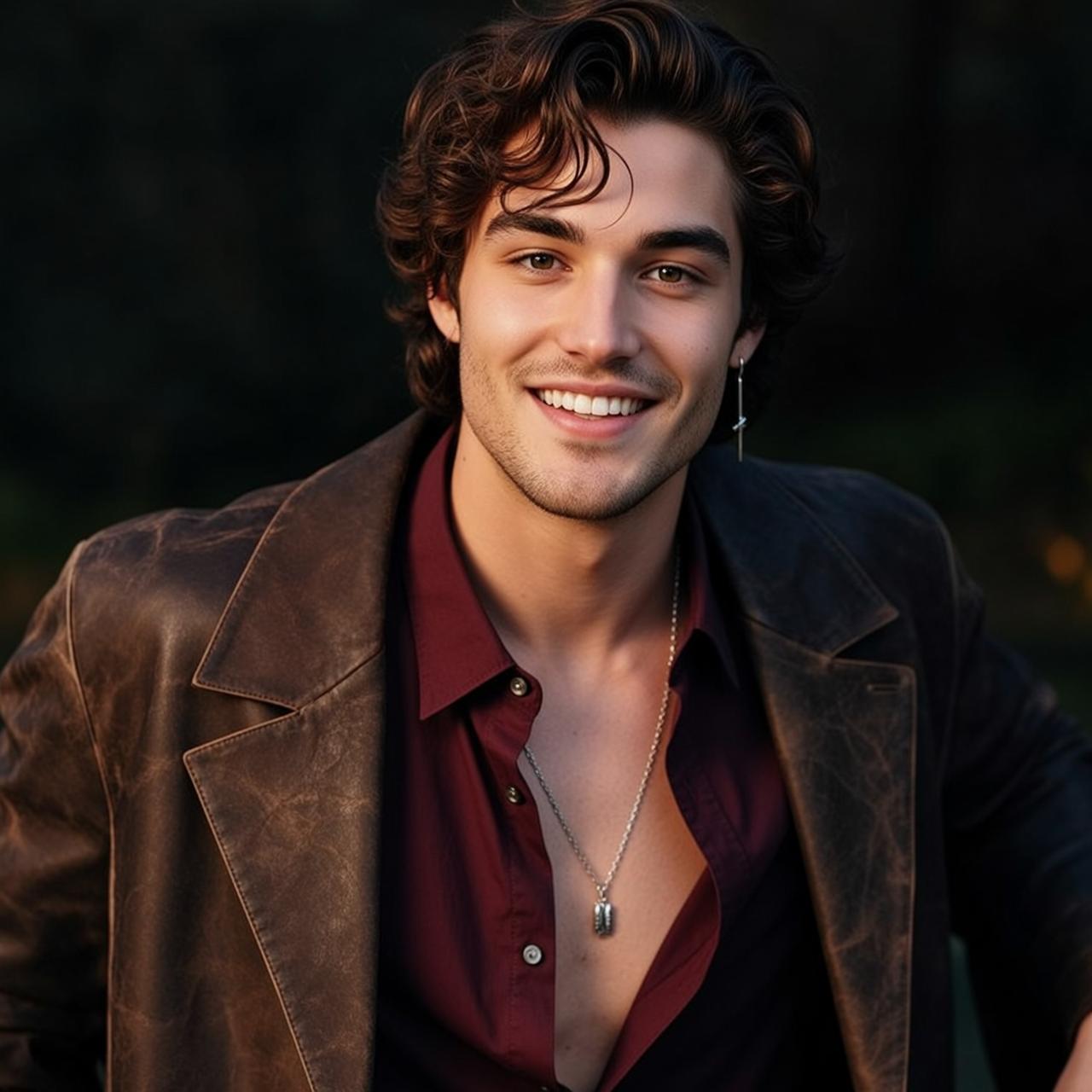Red Shirt Leather Jacket Smile