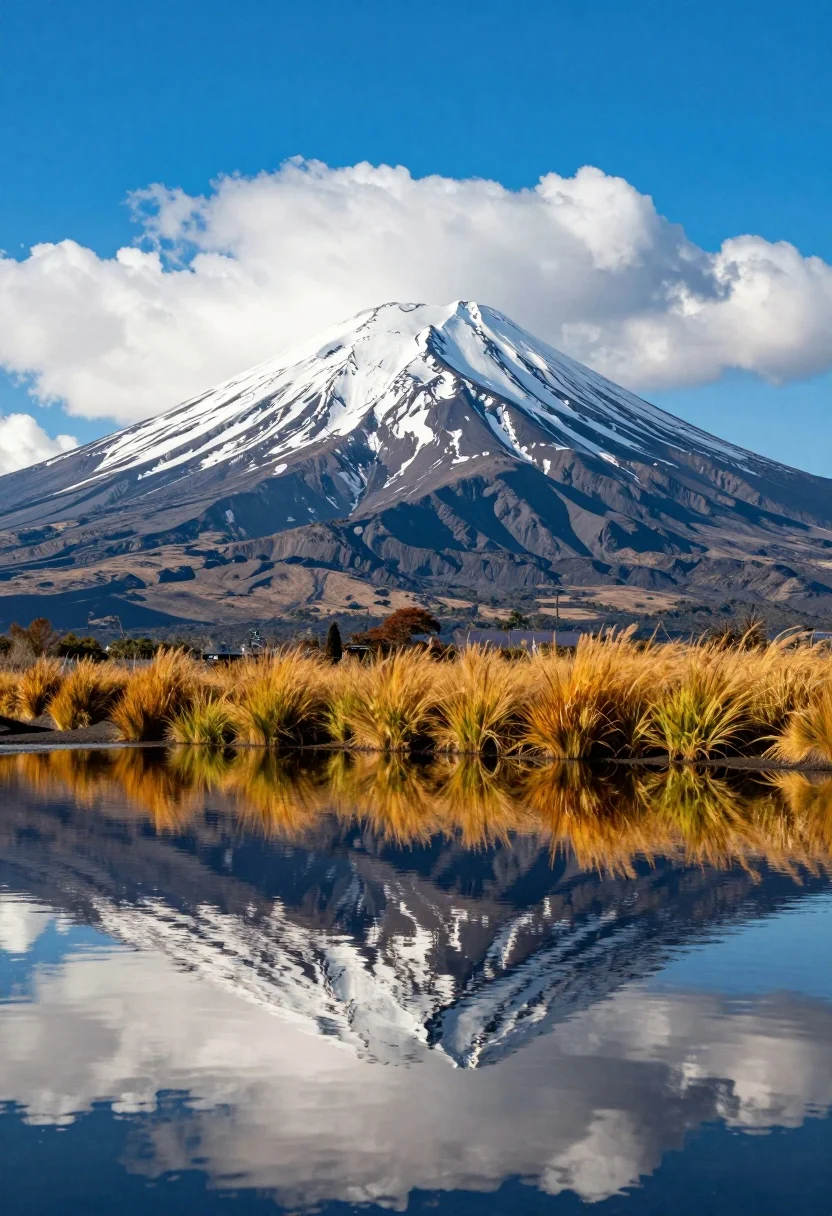 A majestic snow-capped volcano rises dramatically against a vivid blue sky with fluffy white clouds reflecting in calm water.