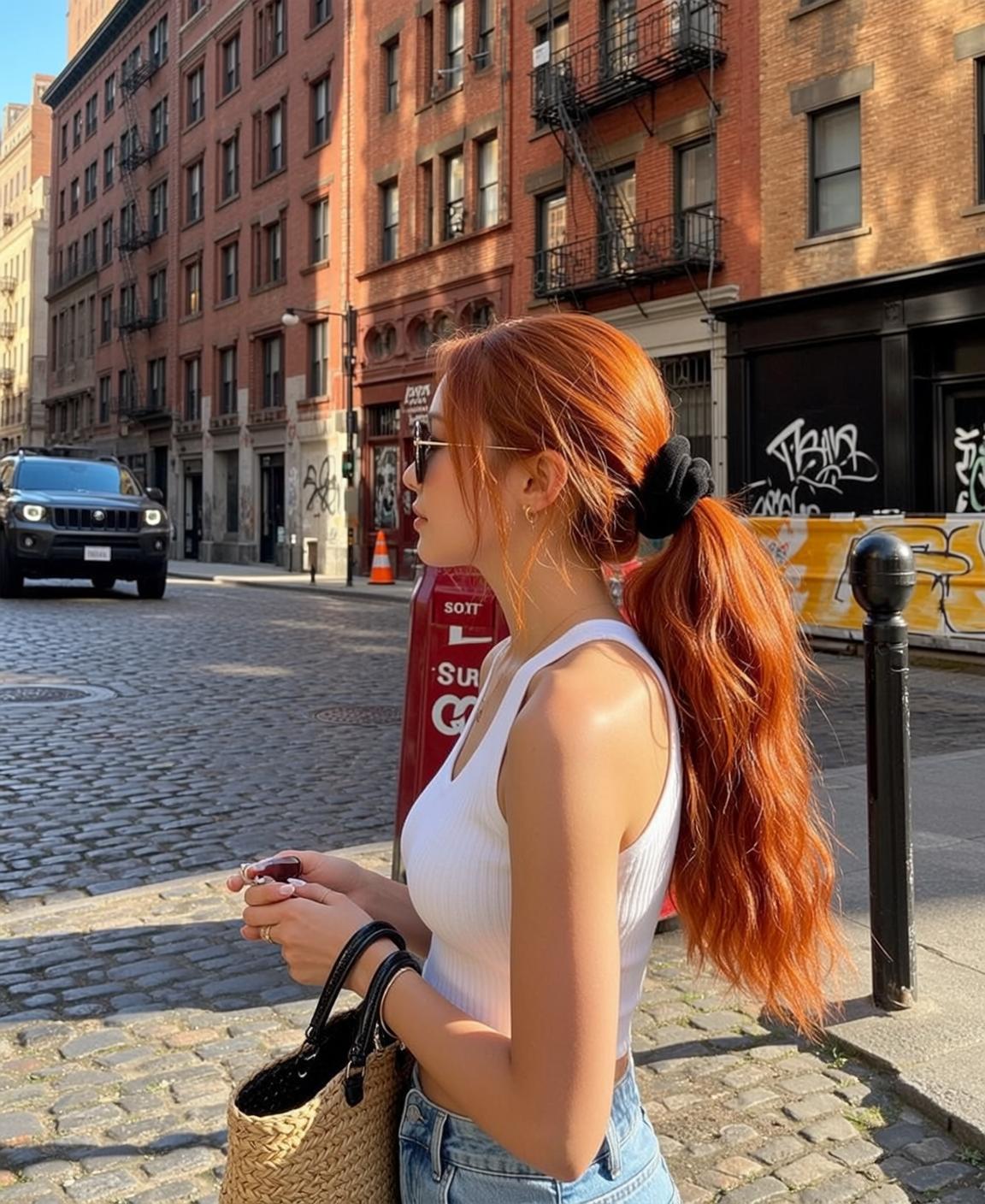 Casual Young Long Wavy Bright Red Tied