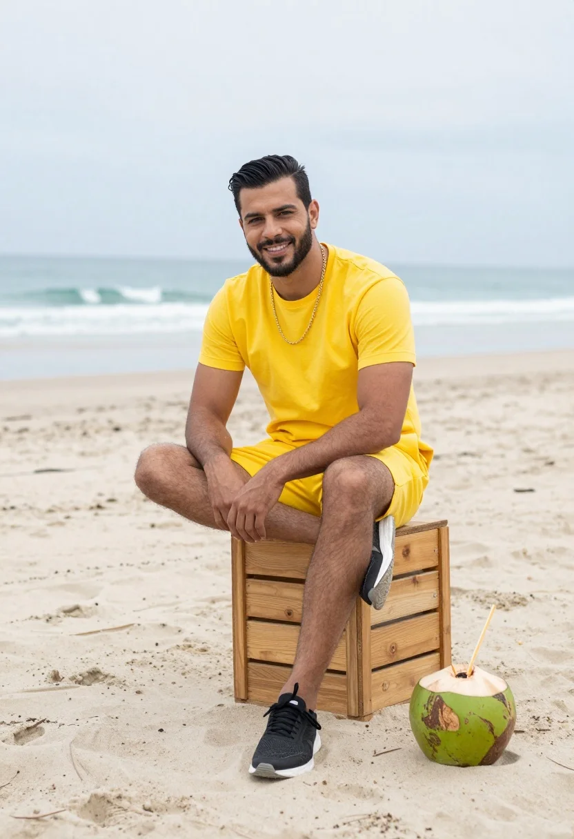 Man Sits Casually Wooden Crate Sandy Beach With The Ocean