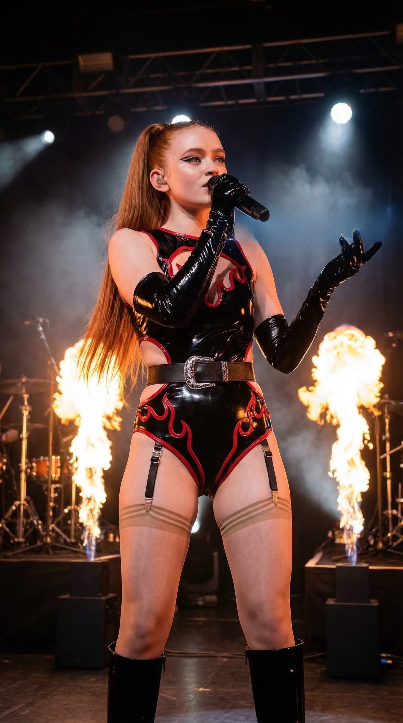 Photorealistic portrait of a woman in a sleek black bodysuit with red flame trim, holding a microphone on stage.