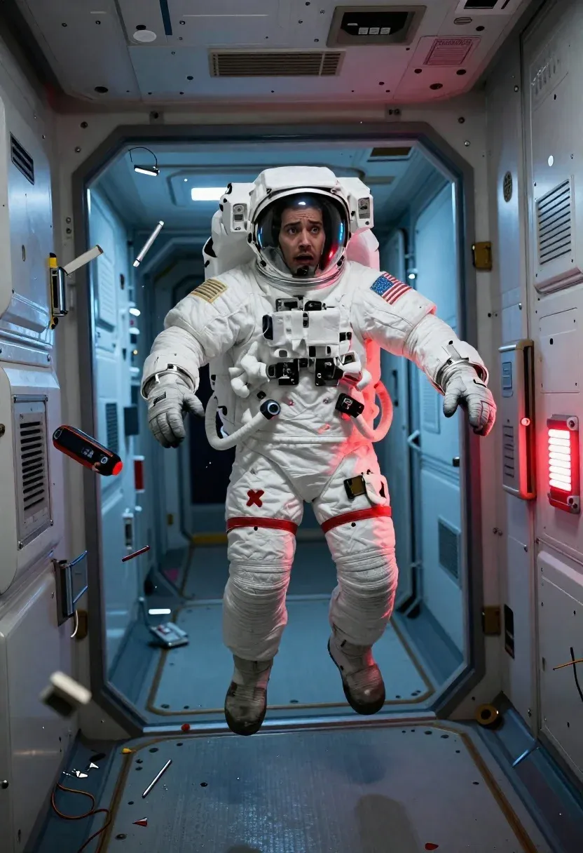 Astronaut Floats Chaotic Corridor Spacecraft With Debris Scattered Around Subject