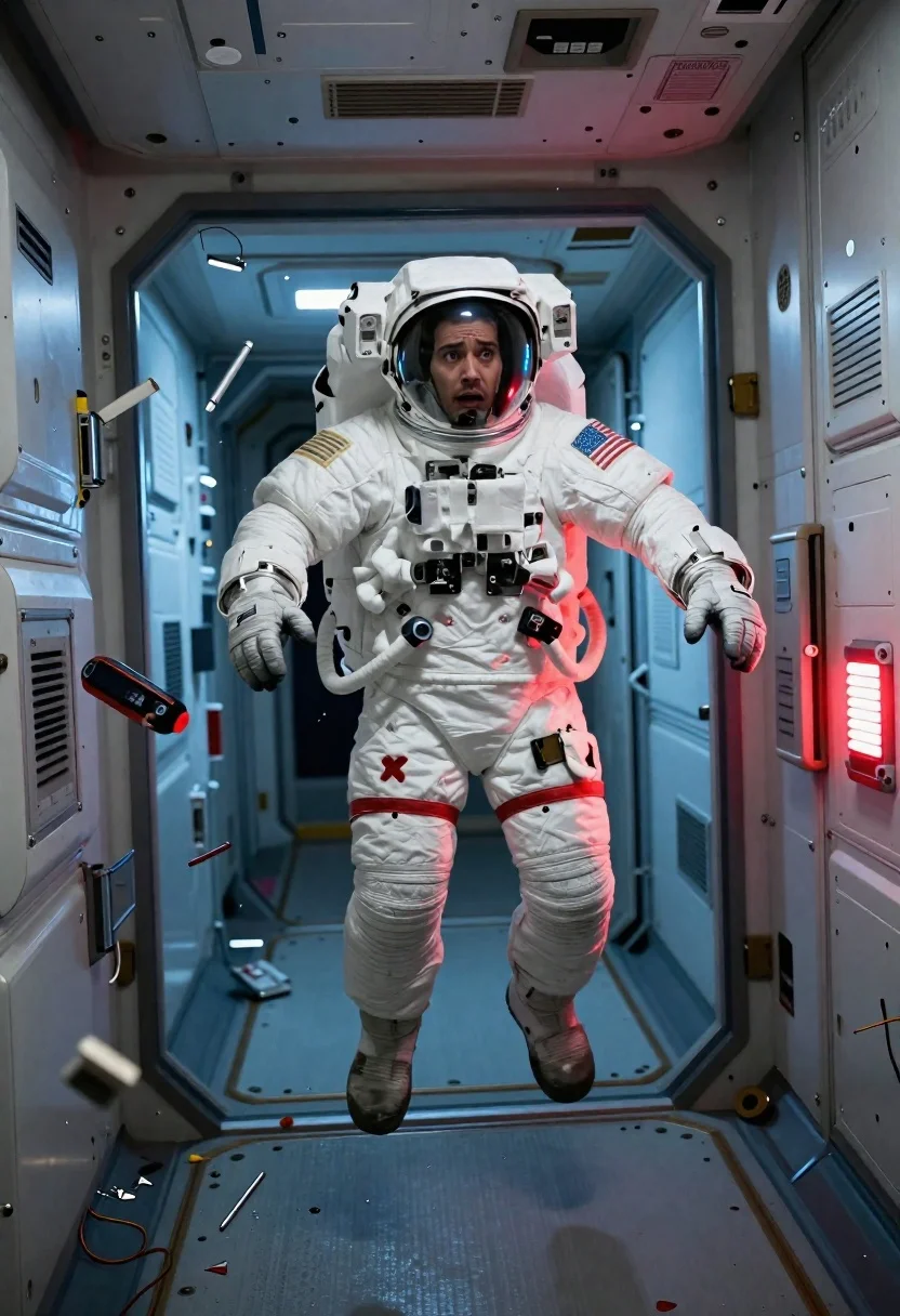 Astronaut Floats Chaotic Corridor Spacecraft With Debris Scattered Around Subject