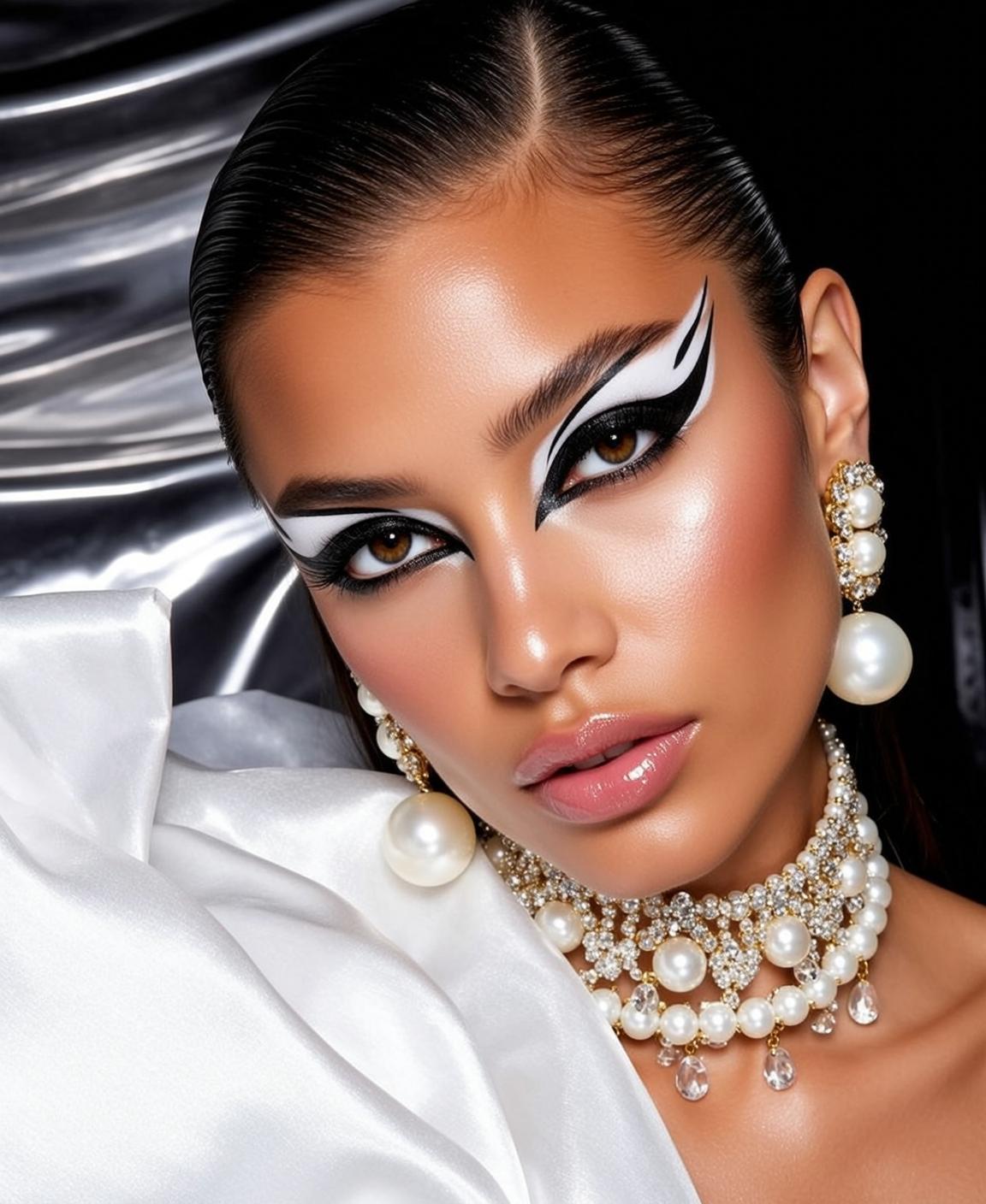 Photorealistic Portrait Woman With Dark Slicked-back Hair Her Head Tilted