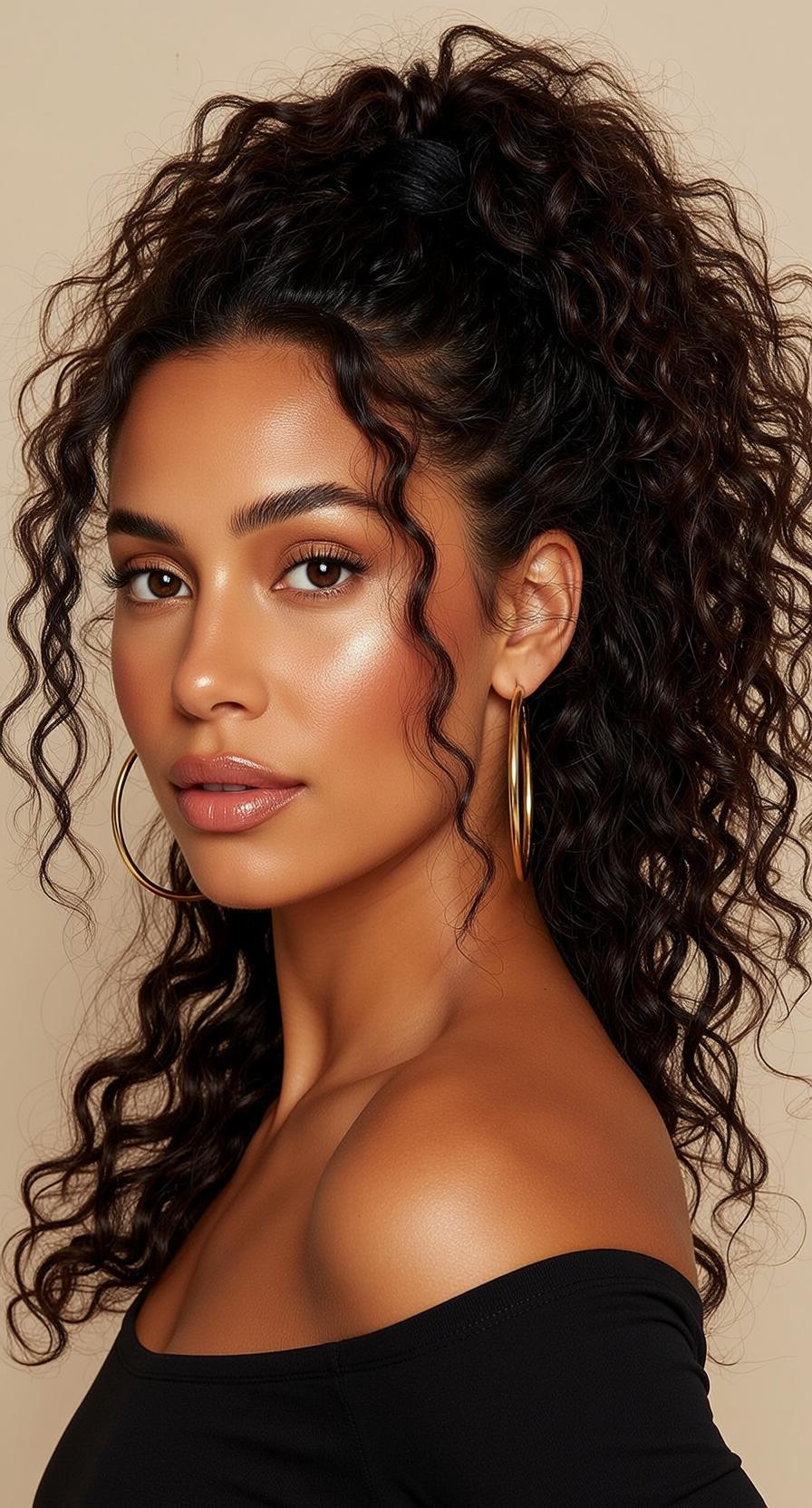 Tan Woman Black Off Shoulder Top Gold Hoops Studio