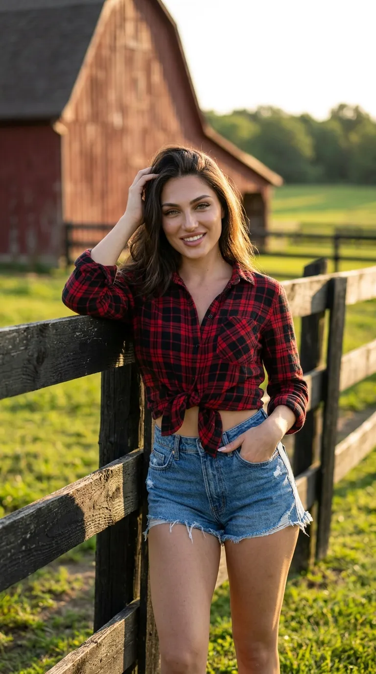 Farm Girl In Plaid Flannel And Denim Shorts Golden Hour