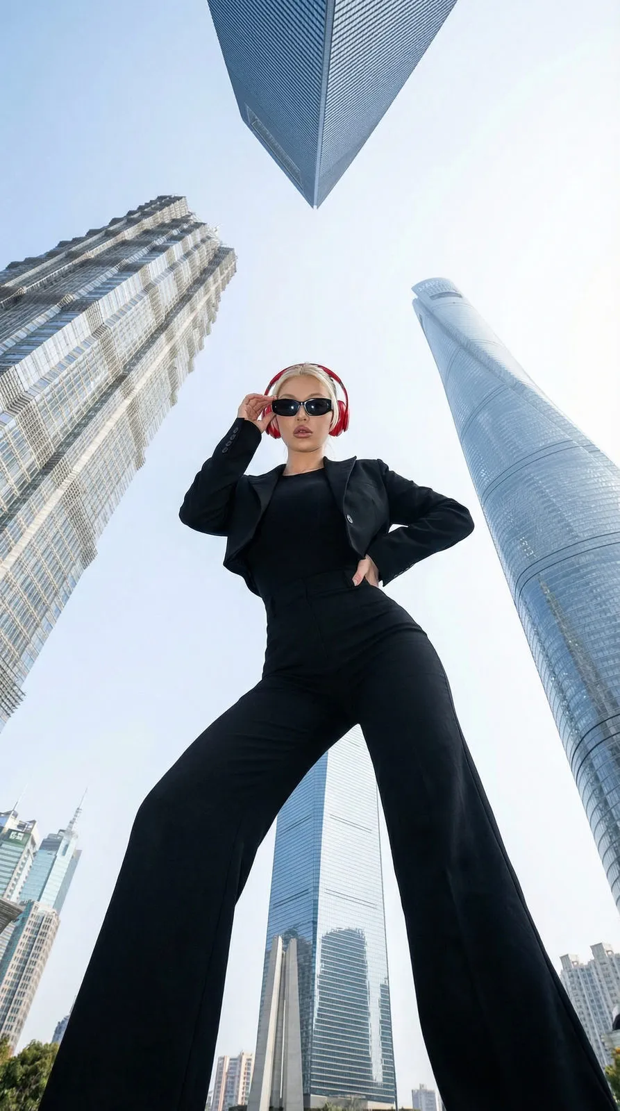 Sunglasses Black Blazer Skyscraper Pose