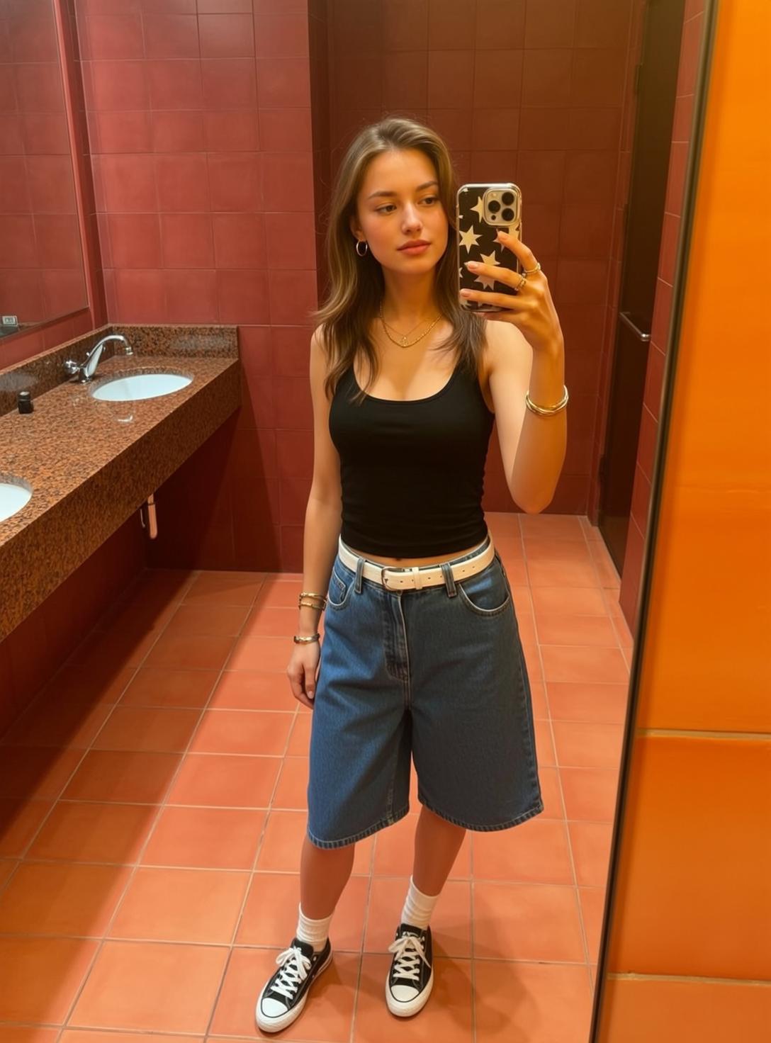 Denim Shorts Mirror Selfie Public Restroom