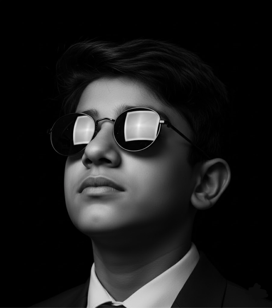 Close-up of a man in round sunglasses, dramatic black and white, high-contrast lighting, gazing into a dark void with deep shadows.