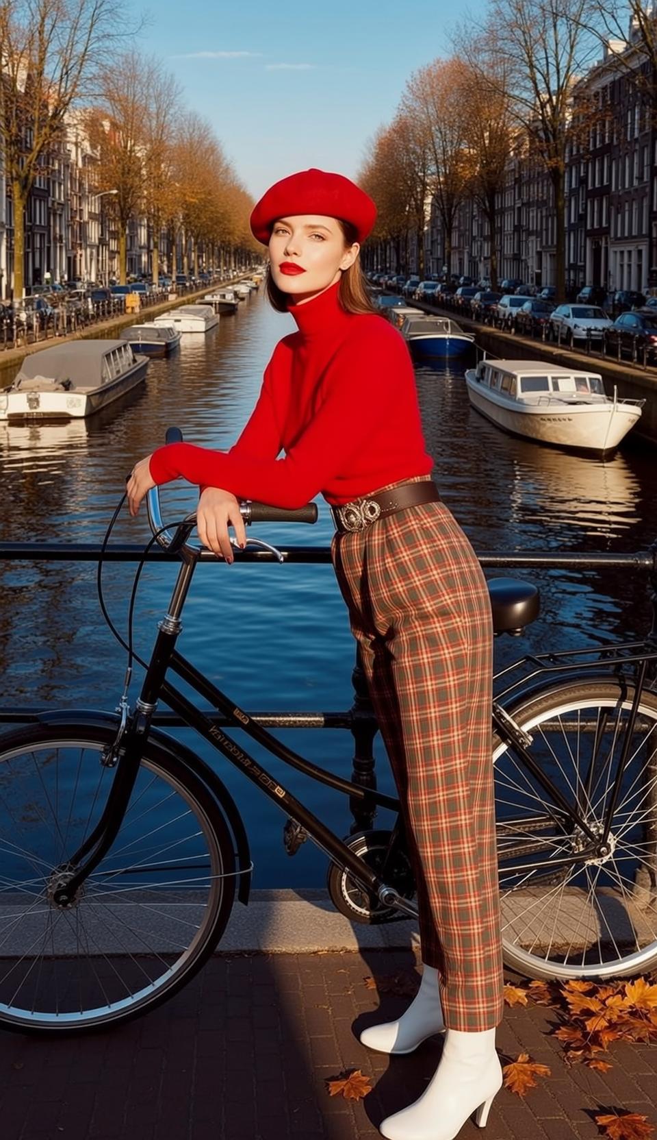 Amsterdam Canal Bridge Fashion Woman Red Beret Bicycle