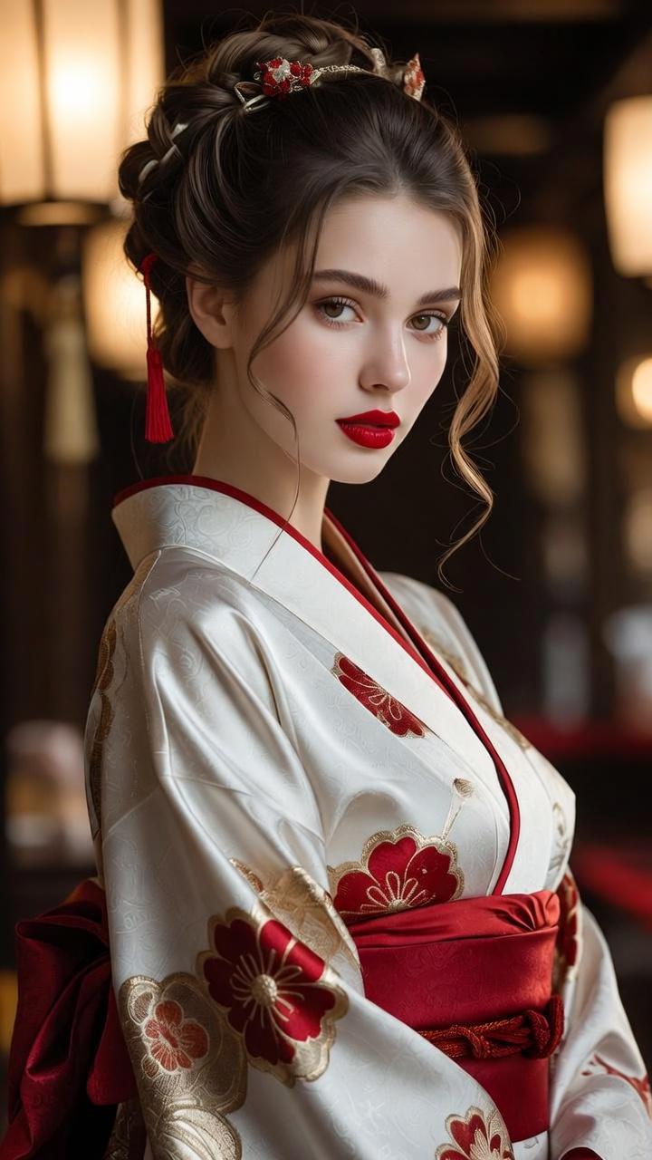 A serene close-up of a person wearing a white silk kimono with red and gold embroidery, styled hair, and soft makeup, illuminated by warm lanterns.