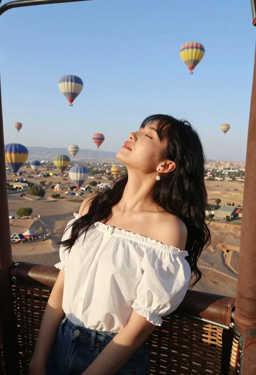 Woman With Long Dark Hair Leans Back Hot Air Balloon